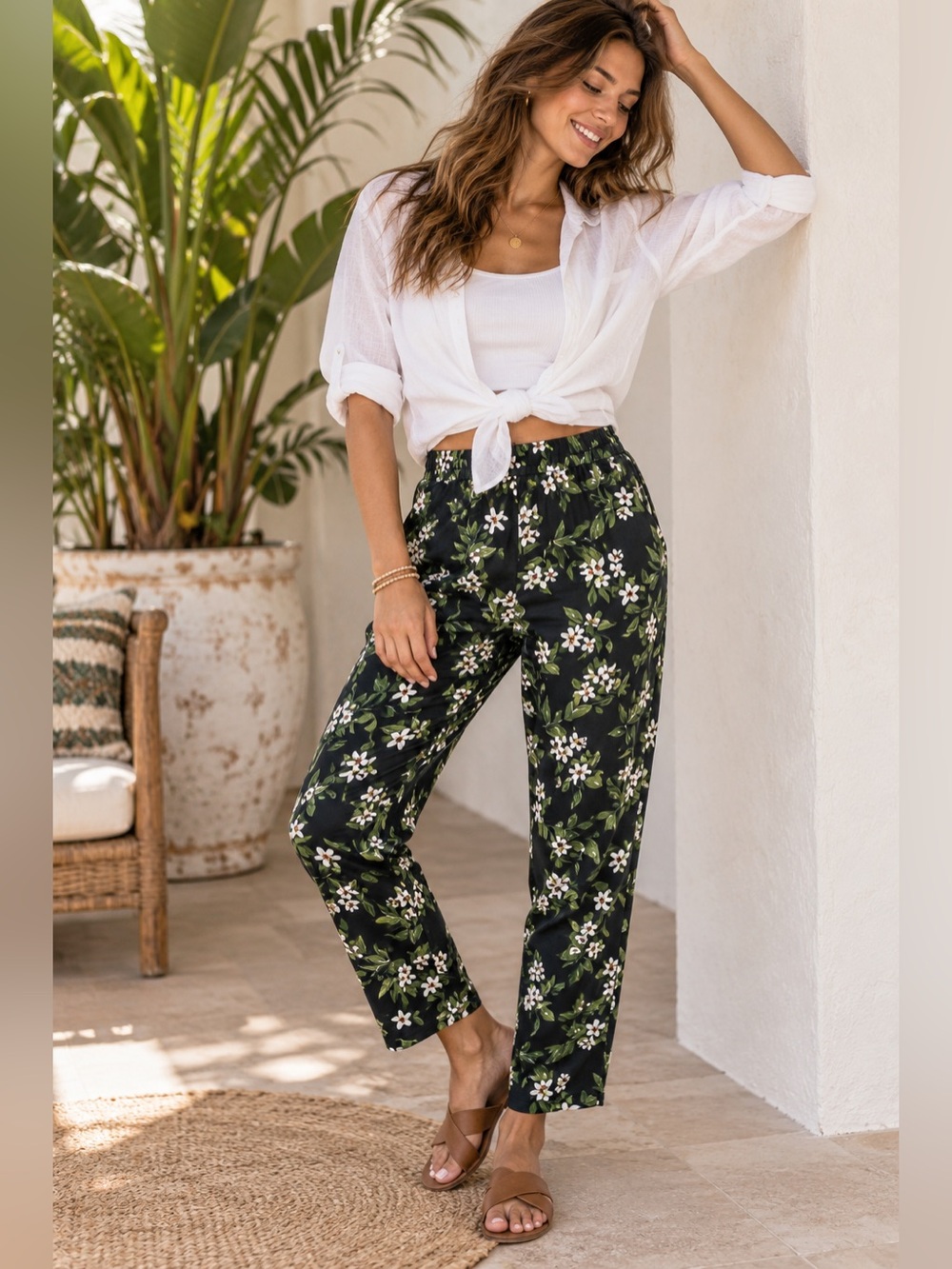 Marine Layer Allison Green White Floral Tropical Pull On Pants